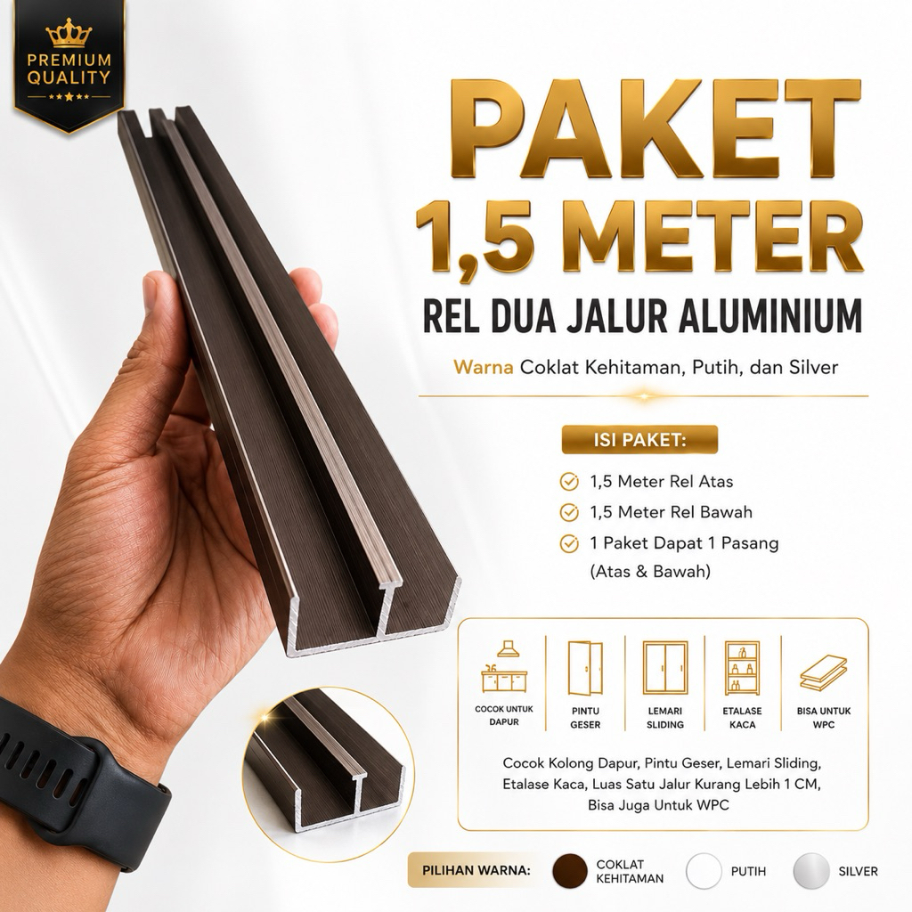 Rel Aluminium 2 Jalur (Paket 1,5 Meter Atas Bawah untuk Kolong Dapur, Pintu Geser, Lemari Sliding)
