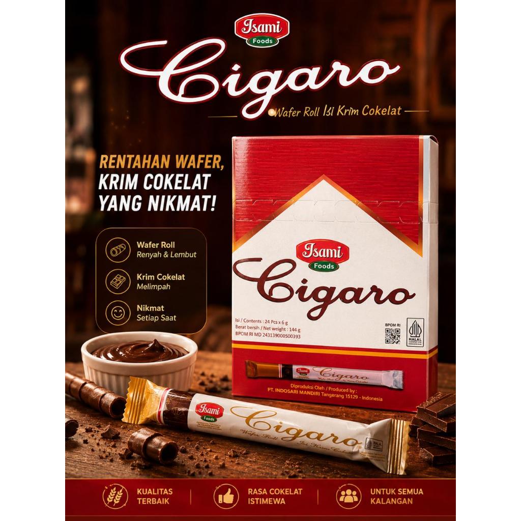 Makanan Ringan Wafer Roll Cigaro Stick Cokelat 1 Karton isi 144pcs