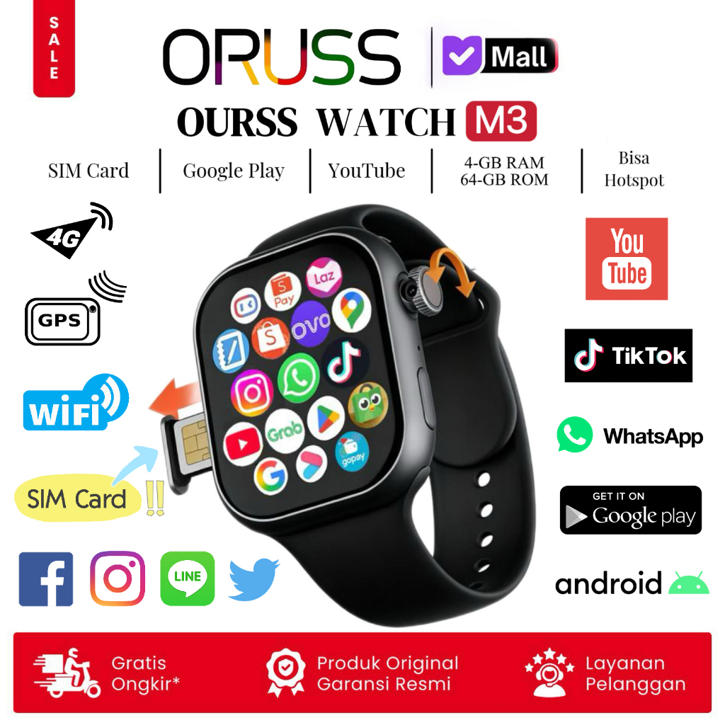 [4G / Hotspot] OURSS Smartwatch M3 4G/5G Sim Card 4+64GB GPS NFC Bisa Nonton Youtube TikTok WhatsApp