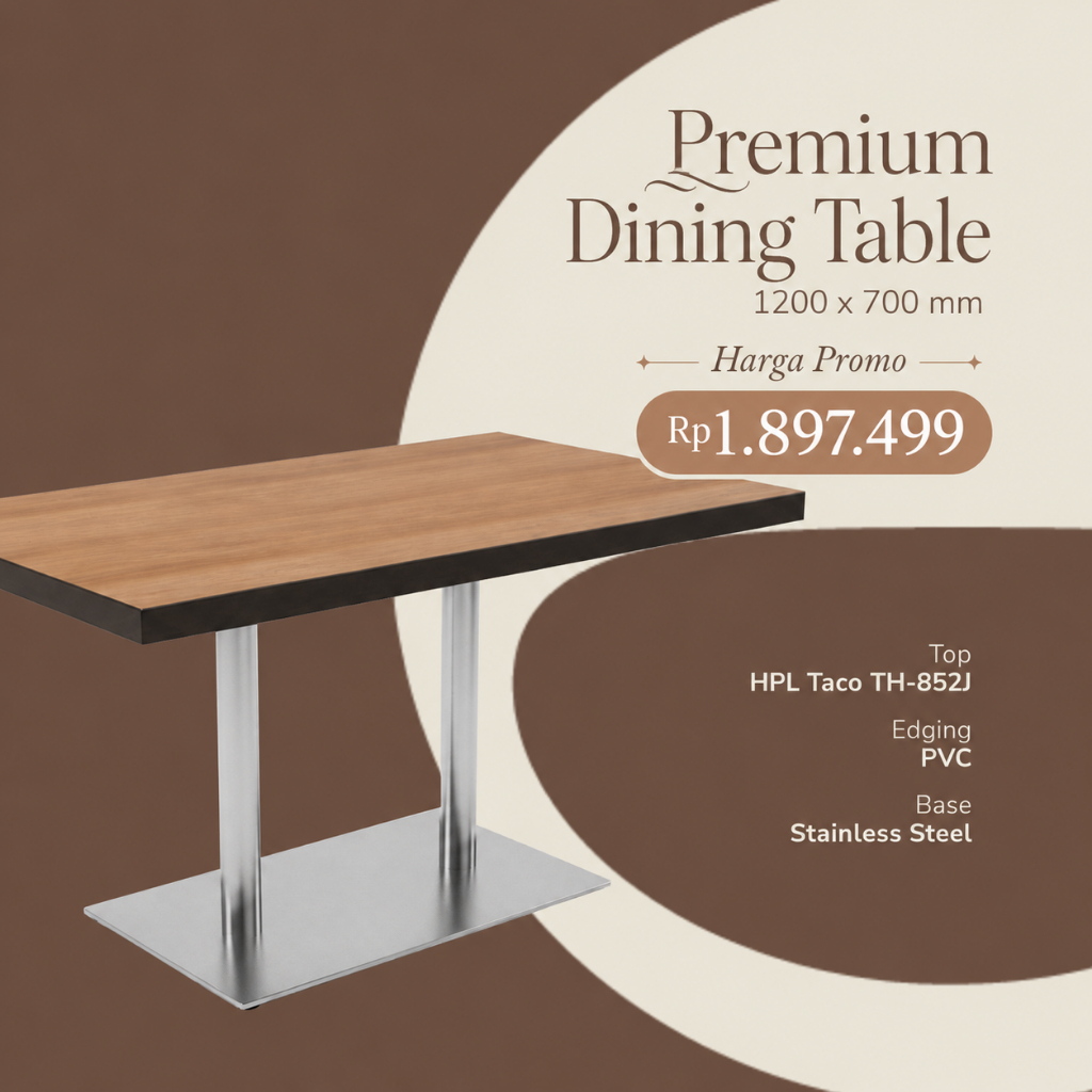 Meja Cafe 120x70 cm Stainless Steel Double Base + Top HPL Taco – Meja Restoran Minimalis Kuat & Prem