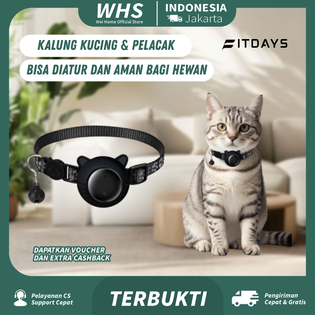 Fitdays Smart GPS Pet Tracker Kalung Kuping AirTag Anjing/Kucing, Kalung Pelacak Bercahaya malam, Kh