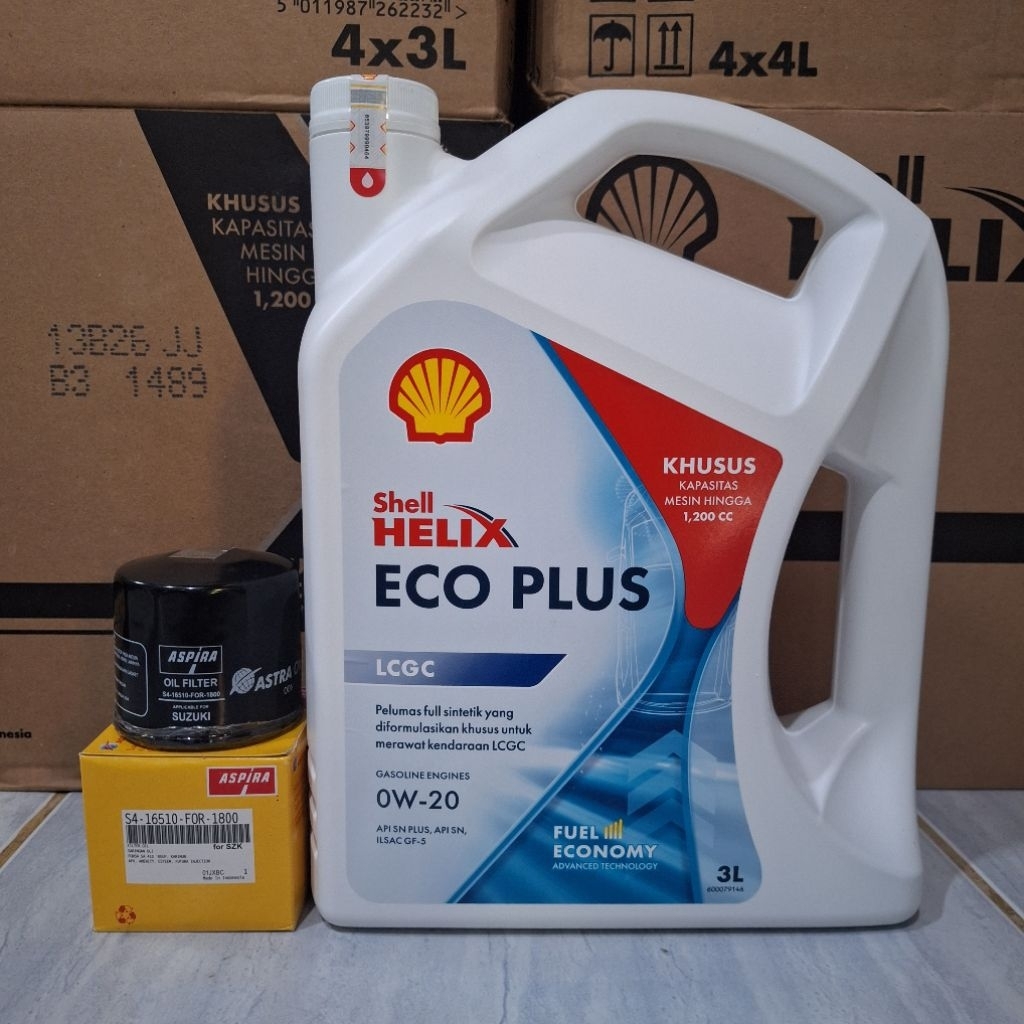 Paket Oli SHELL ECO PLUS 0W-20 3Liter dan filter oli mobil SUZUKI Karimun, spresso, ertiga, XL7, car