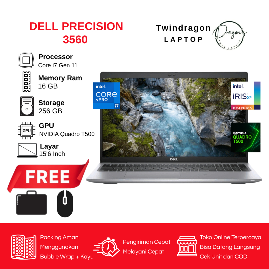 Laptop Dell 3560 Core i7 Gen 11 Ram 16 GB SSD 256GB Dual VGA Nvidia Quadro | Second Original Berkual