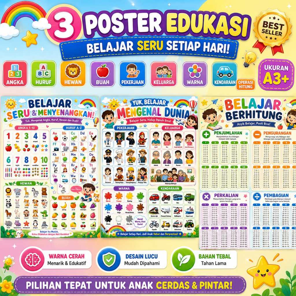 HAPPY D' - POSTER EDUKASI ANAK UKURAN A3+ BELAJAR SERU TIAP HARI ADA ANGKA, HURUF, HEWAN, BUAH, PEKE