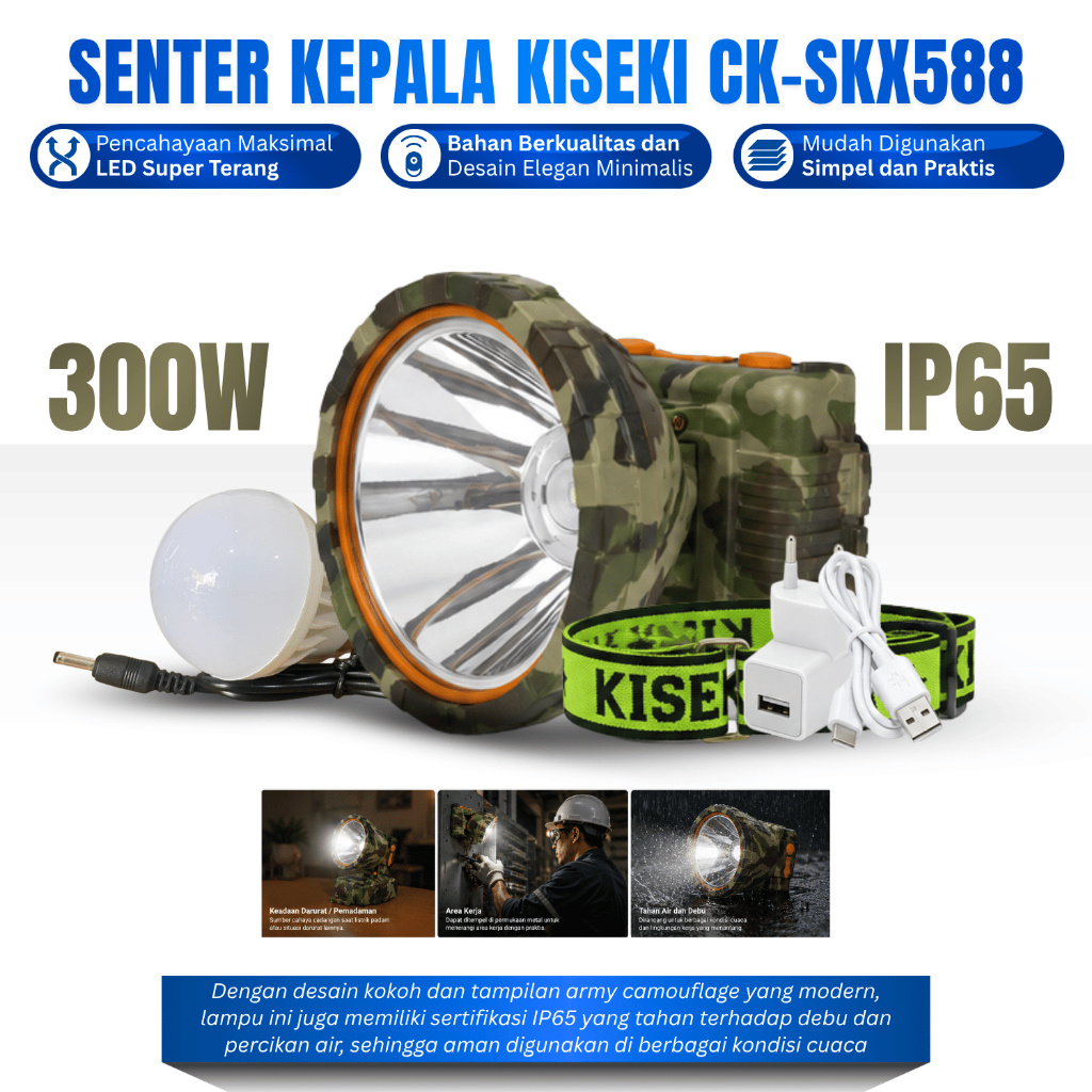 Senter Kepala LED 300 Watt Kiseki CK- SKX588 Bonus Bohlam LED Lampu Gunung/Camping 300W Cahaya Putih