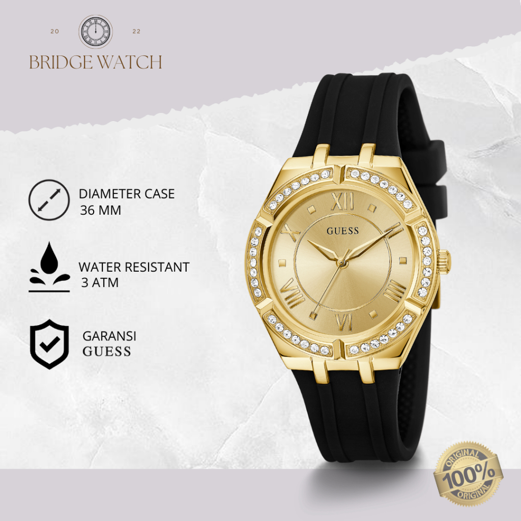 Jam Tangan Wanita Guess Analog Cosmo Black Silicone Rubber Gold Dial Mewah Casual Original GW0034L1