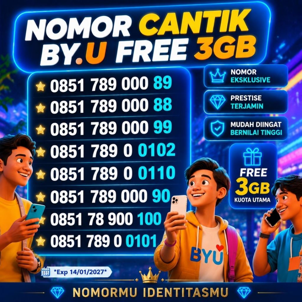 Nomor Cantik BY.U Seri 789 000XX Bonus 3GB Harga 75ribu