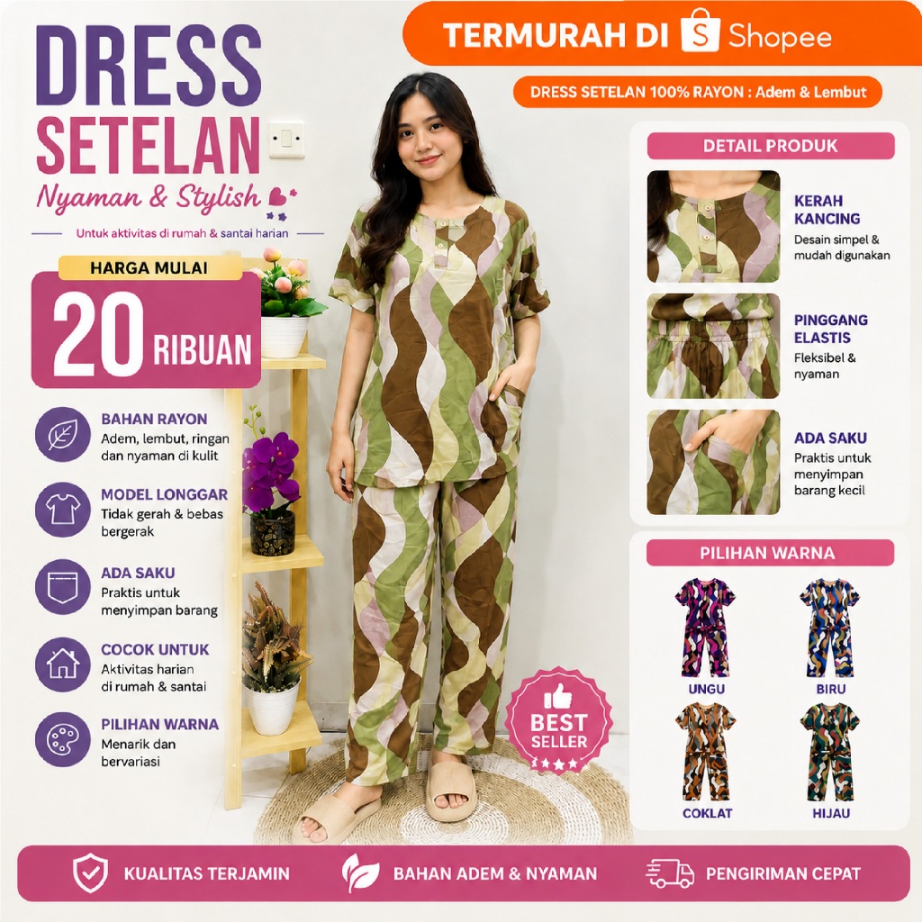 Daster Piyama Setelan Celana Panjang Murah 20rb-an Rayon Katun 100% Handmade Motif Cap Konveksi Pili