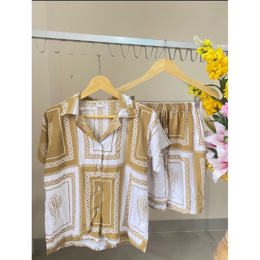 set kemeja rayon celana pendek motif kaktus