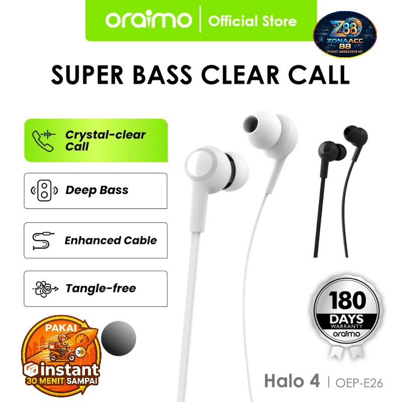 Oraimo OEP-E26 Wired Headset Halo 4 Super Bass In-Ear Earphone Universal 3.5mm Jack Black Panjang 1.