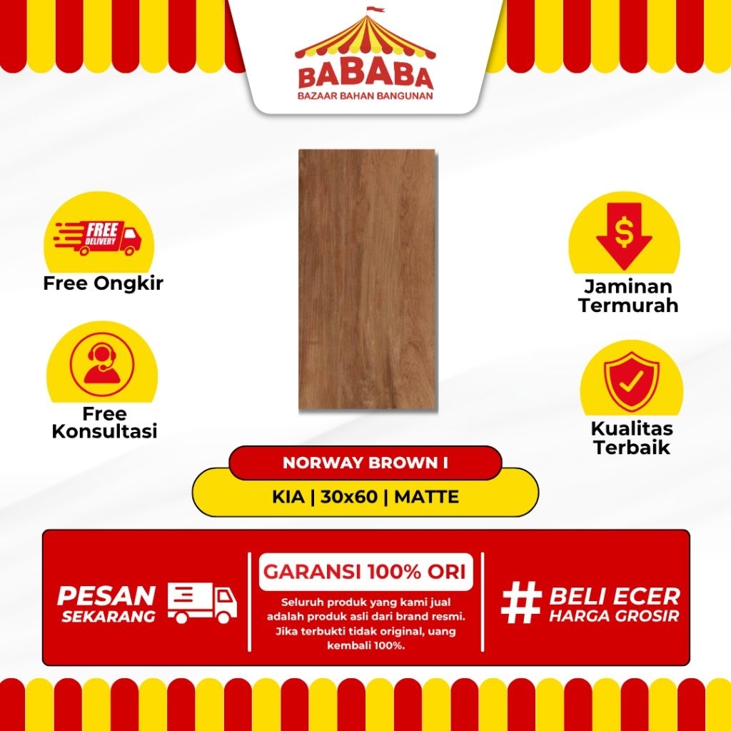 Keramik Dinding Ukuran 30x60 KIA Norway Brown Matte Kasar Rata Motif Serat Kayu Cutting Keramik Dind
