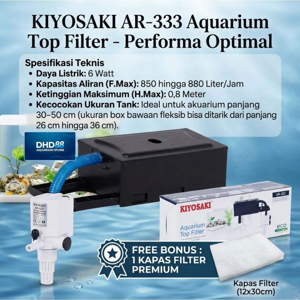 POMPA AQUARIUM KIYOSAKI AR 333/  ARMADA AM 333, MESIN + BOX MINI FILTER KECIL AQUARIUM, DAYA 6 WATT,
