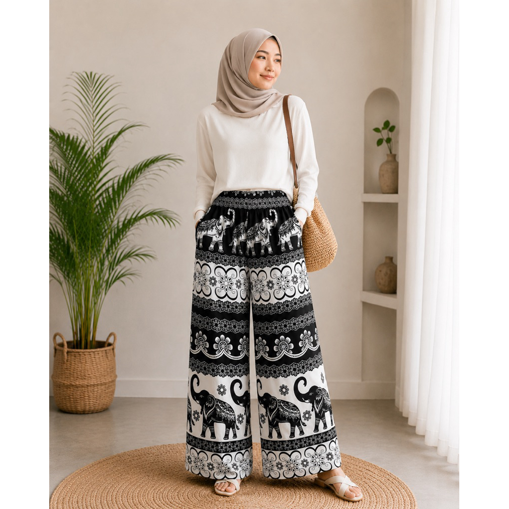 Celana Kulot Wanita Motif Gajah Boho Hitam Putih Premium / Kulot Palazzo Wanita Motif Ethnic Gajah K