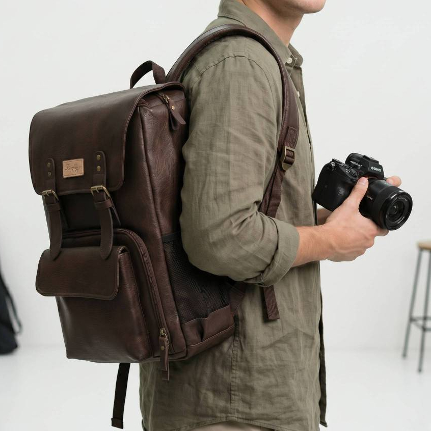 Tas Ransel Kamera Eivor Vintage Backpack DSLR Mirrorless Laptop Kulit Sintetis Brown Firefly