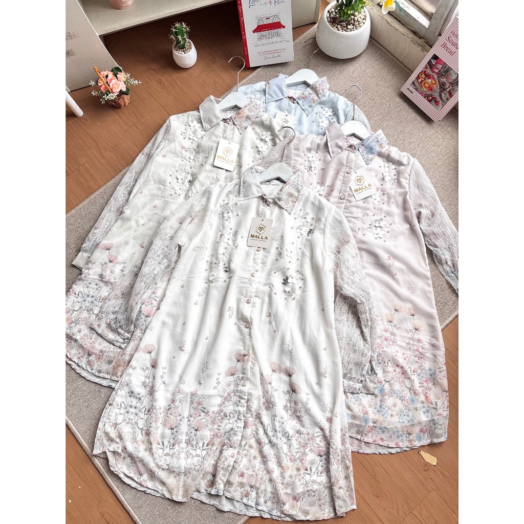 Camalla—Madamemalla Adzana PO 218 Tunik Wanita Floral Premium Kombinasi Brokat Lengan Panjang Fashio