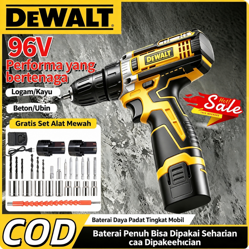 DEWALT Mesin bor baterai 96V 2 in 1 Tangan Cordless drill Mesin impact 10mm 2 baterai full set lengk
