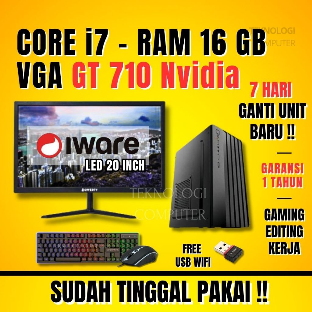Core i7 | VGA Nvidia | Full Set 20" | PC Gaming Editing Rendering | CPU Komputer Rakitan