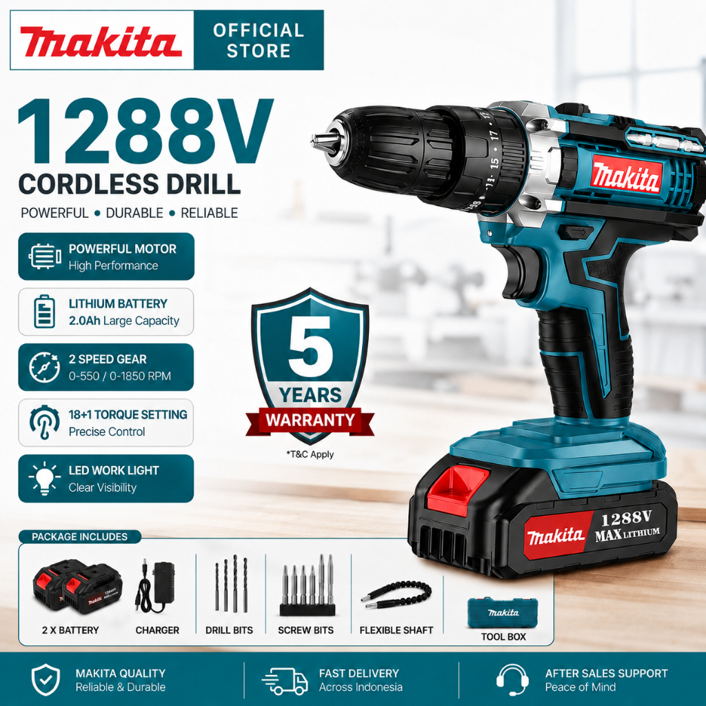 MAKITA Bor Listrik 1288V Untuk Besi Tembok Beton Kayu Mesin Bor baterai- MESIN BOR TANGAN RECHARGEAB