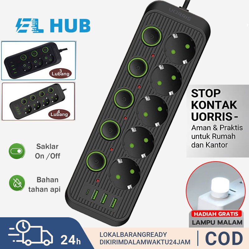 UORRIS 2500W Stop Kontak multifungsi USB Kabel Panjang 2 Meter Original Power Socket Sakelar Indepen