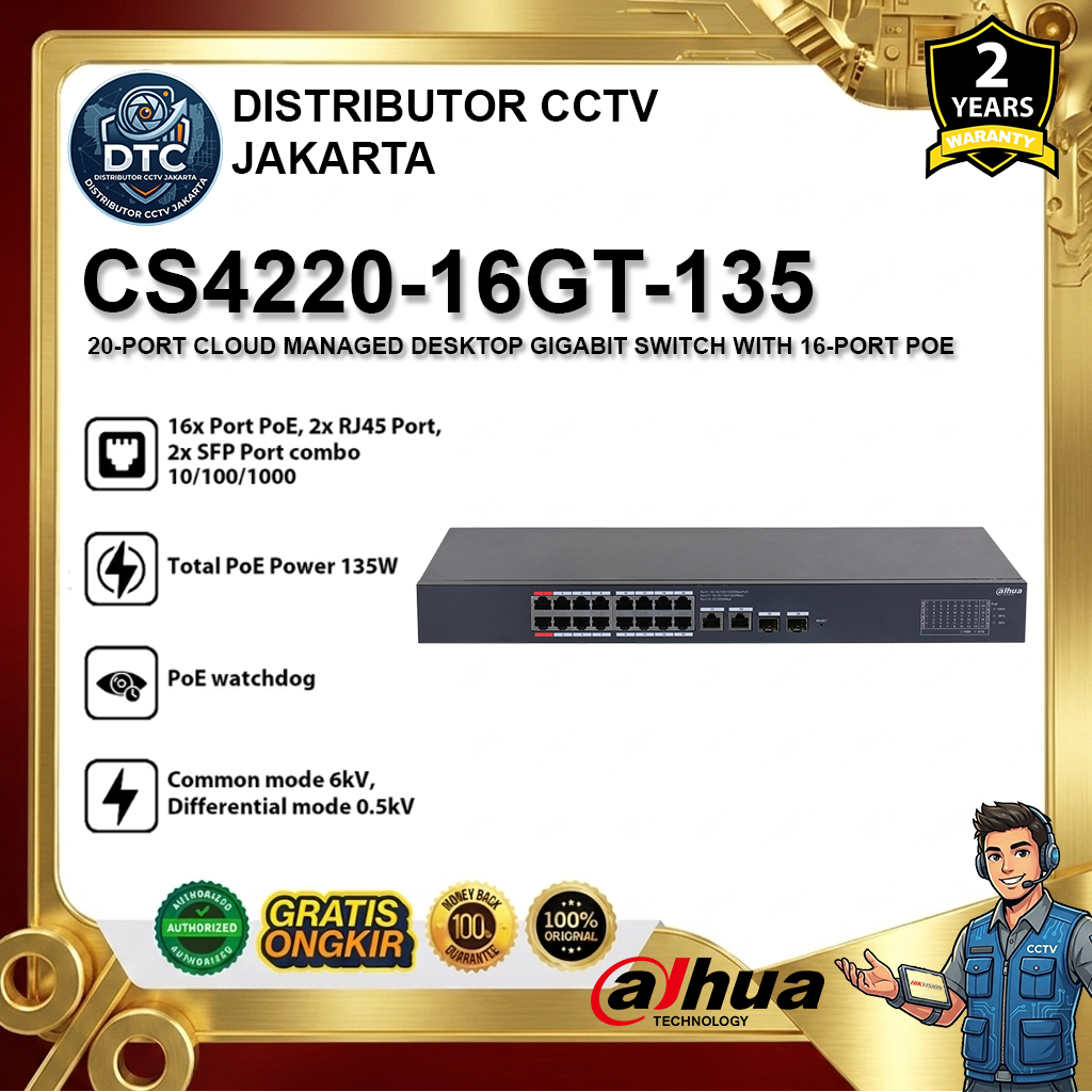 DAHUA CS4220-16GT-135 20-PORT CLOUD MANAGED DESKTOP GIGABIT SWITCH WITH 16-PORT POE