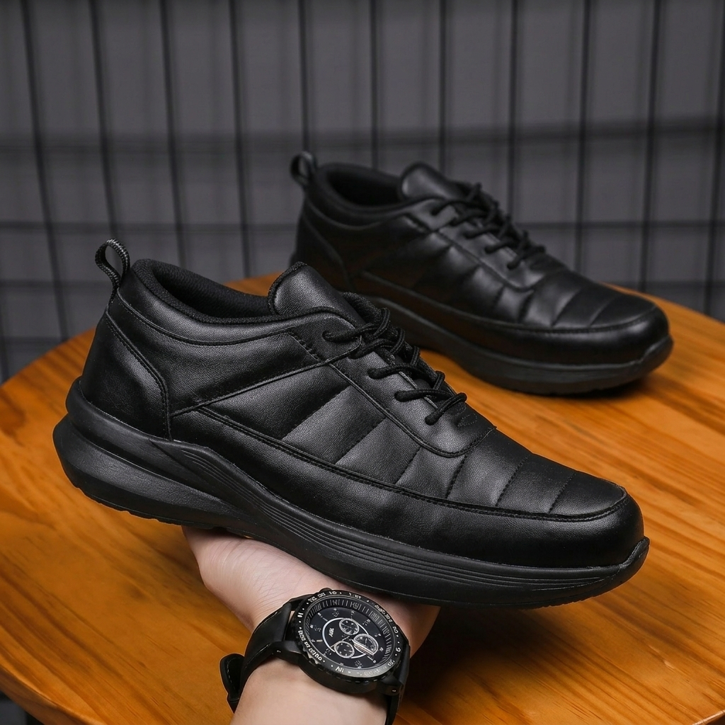 Sepatu Formal Sneakers Pria Casual Hitam Chunky Sole Empuk