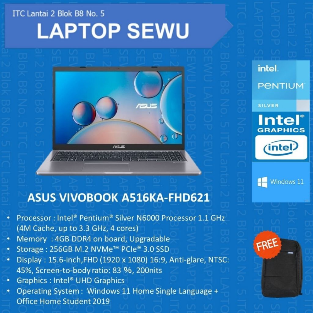 ASUS VIVOBOOK A516KA-FHD422 INTEL CELERON N4500 4 GB SSD 256 WIN 11 15.6" INCHI