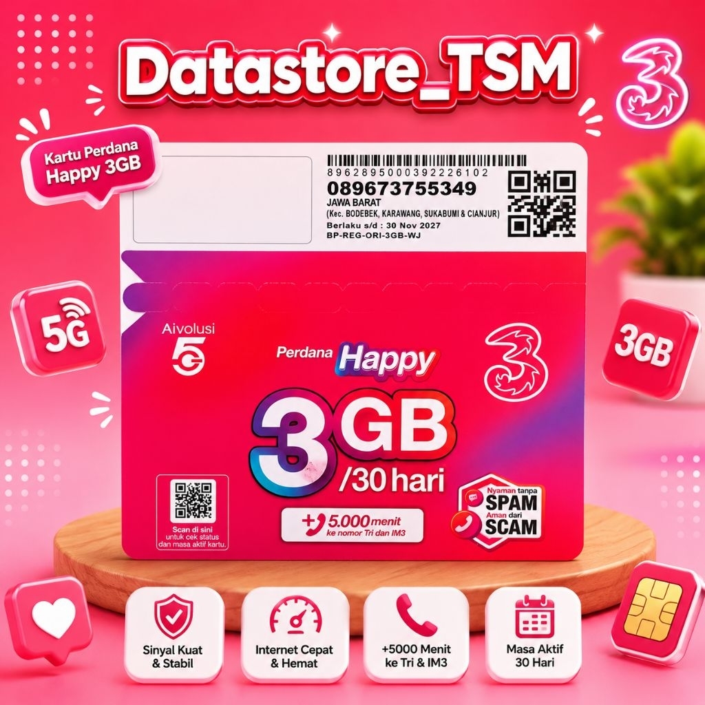 Kartu Perdana Three/TRI 3GB/30Hr (Cover JABAR)