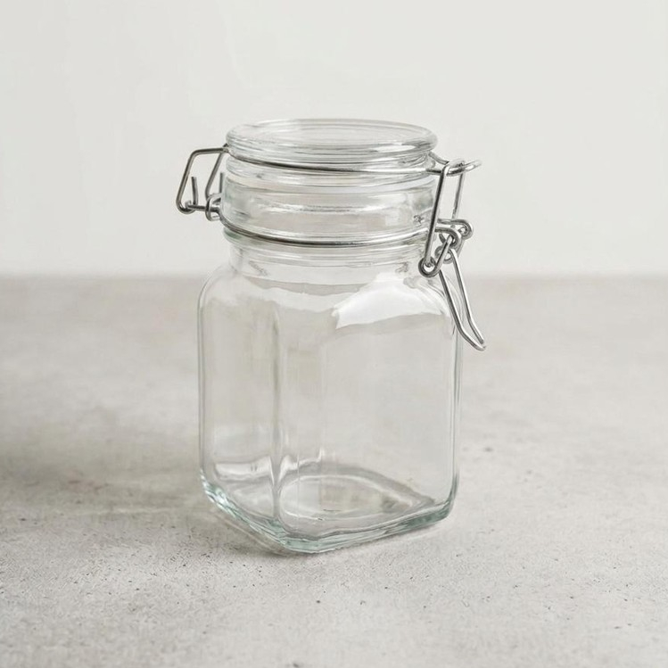 Toples Kaca Hormetico 300 ml dengan tutup kait kedap udara | Toples Kaca Kotak Clamp Jar