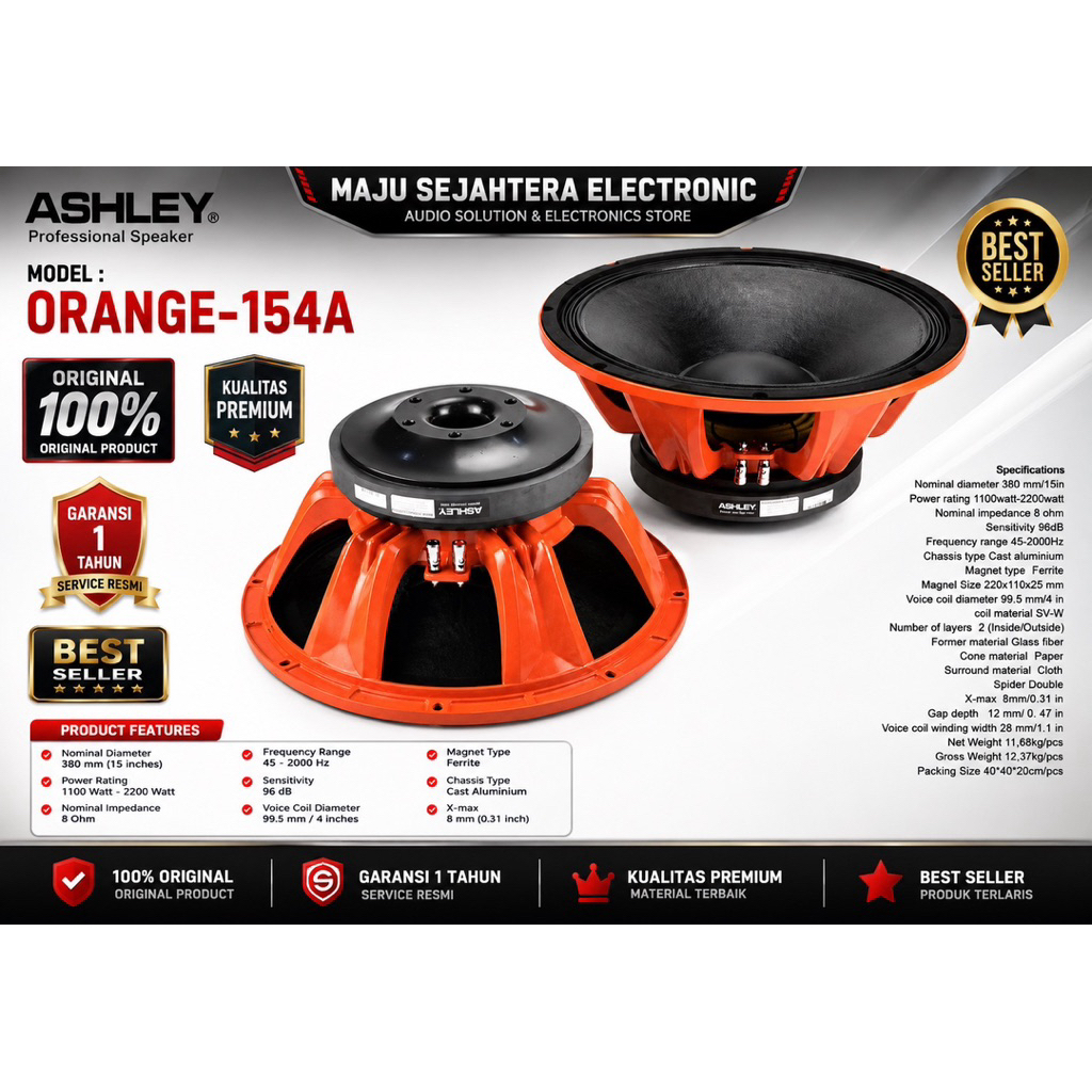 SPEAKER KOMPONEN 15 INCH ASHLEY ORANGE-154A ORANGE154A ORANGE 154A ORIGINAL