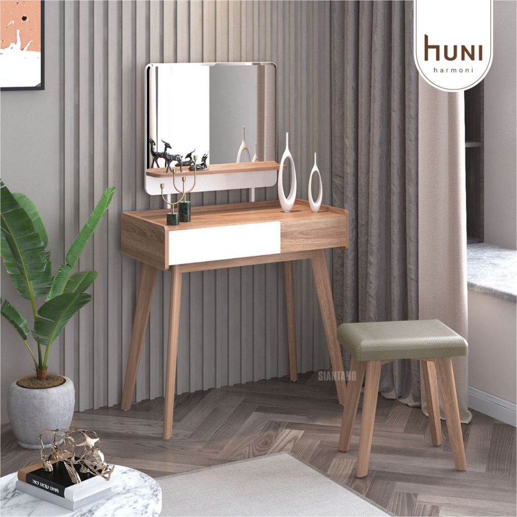 Siantano - Meja Rias Hemat Ruang Set Meja + Kursi MR Caribia Minimalis Modern | Meja Rias Set Cermin