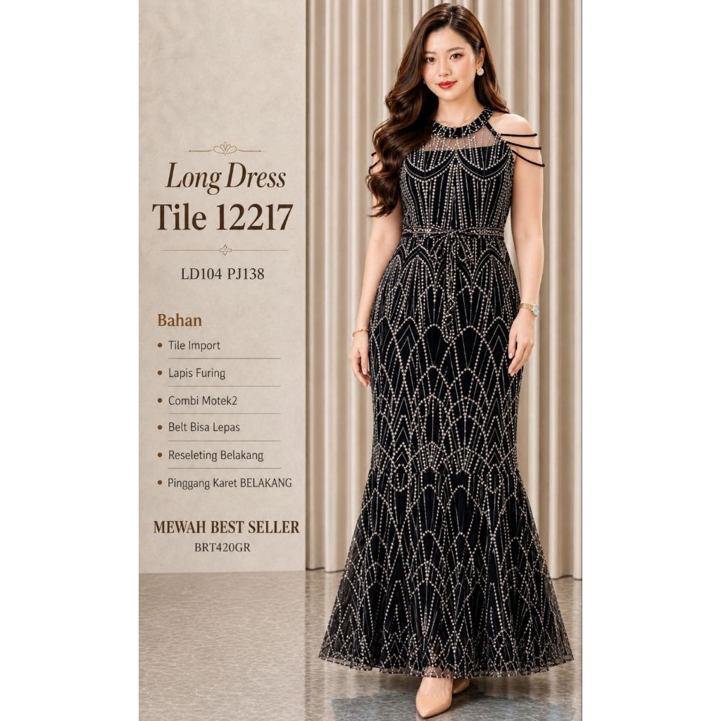 12217 / 71718 / 31357 LONGDRESS MUTIARA TILE HITAM MEWAH / LONGDRESS PESTA HITAM TERBARU