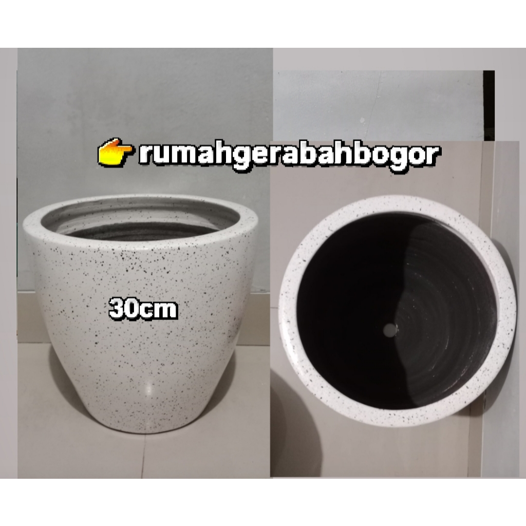 Pot Gerabah Mangkok Duco Oreo Bintik Putih, Pot Glossy Putih, Pot Tanah Liat Putih. RGB.