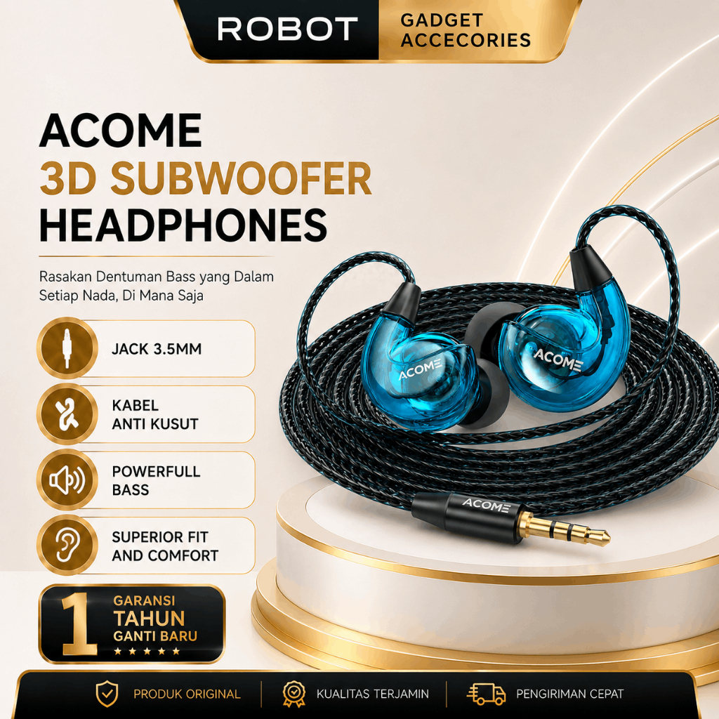 ACOME Headset Kabel 3.5mm Super Bass Comfort Fit Anti Kusut ACE01 Bergaransi Original