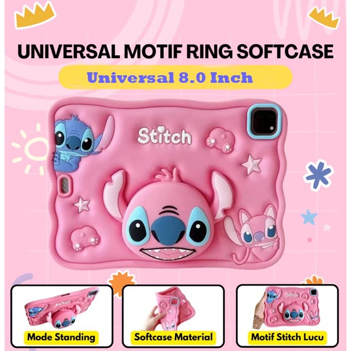 Oase Oapad 8.0 Inch Soft Case Anaka Kids Stitch Pink 3D POP SOCKET Standing Lucu Casing Kesing Cover
