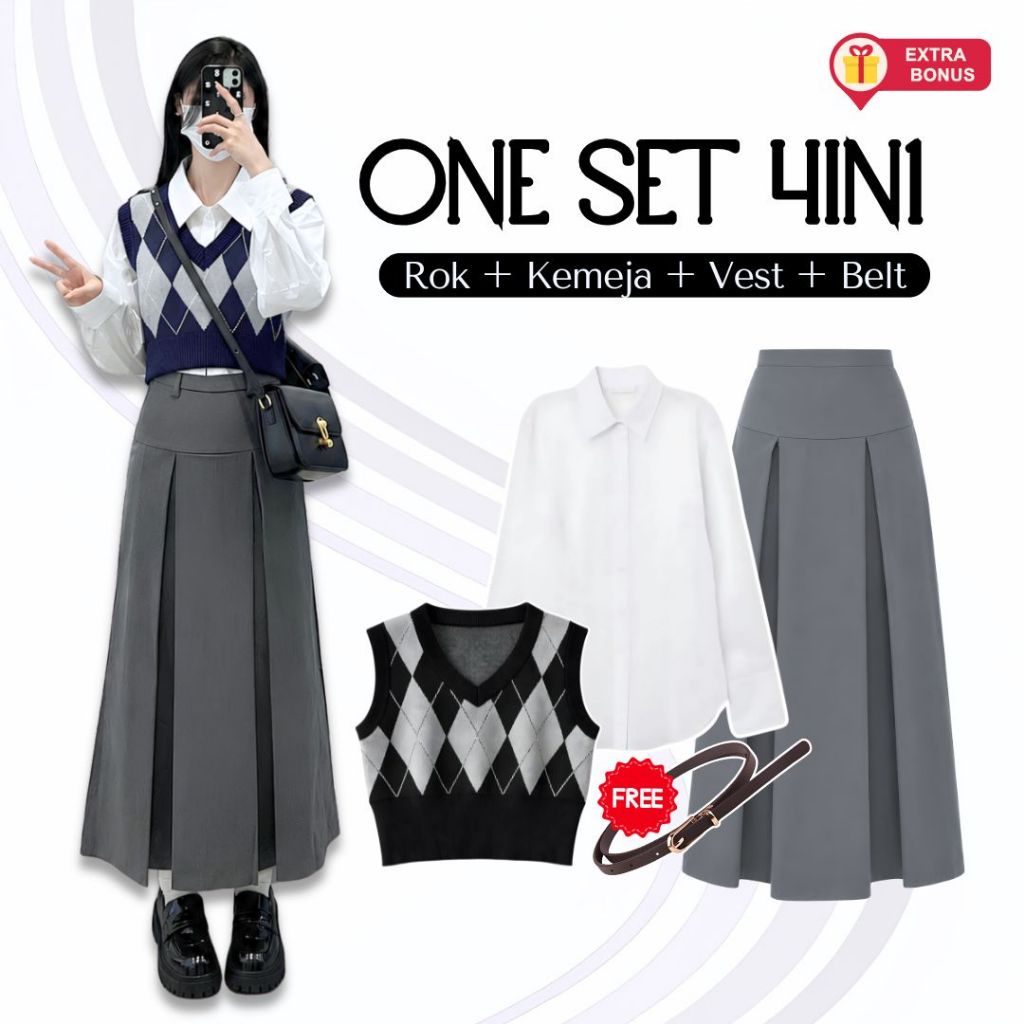 One Set 4in1 vest rompi diamond crop rajut kemeja basic rok wiru remple free belt ikat pinggang | ou