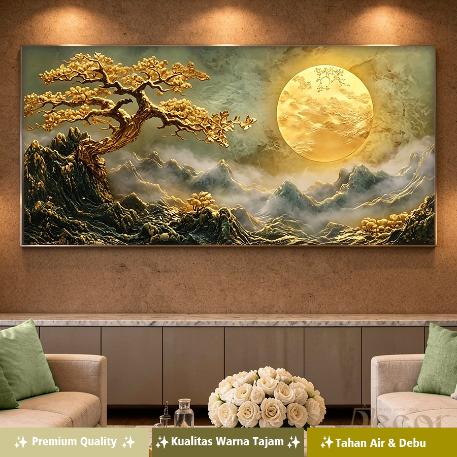 Hiasan Dinding Ruang Tamu Minimalis CANVAS INCLUDE FRAME - motif pemandangan pohon bonsai emas denga