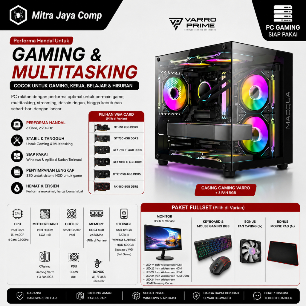PC Gaming Fullset i5-9400F | RX 580 8GB DDR5 | SSD + HDD | Monitor 24 Inch | Siap Pakai