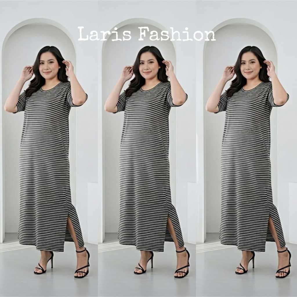 Laris - Long Dress Salur wanita SPANDEK / Dress Wanita Jumbo Salur