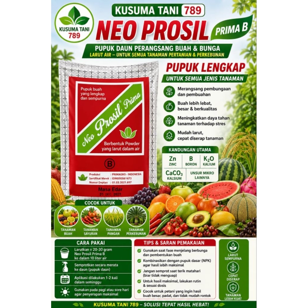 Neo Prosil Prima B – Pupuk Daun Perangsang Buah & Bunga, Larut Air, Untuk Semua Tanaman Pertanian & 
