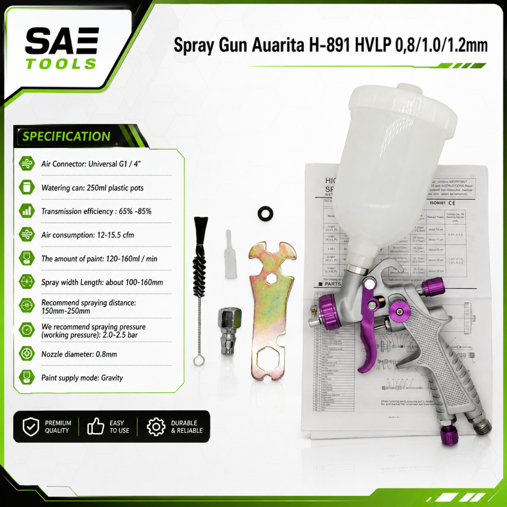 Spray Gun Auarita Original H891 HVLP 0.8/1.0/1.2mm Cup 250ml