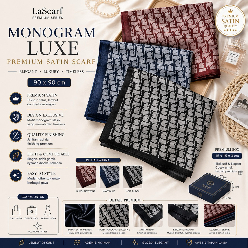 LaScarf Monogram Luxe Premium Satin Scarf 90x90 cm – Hijab Satin Motif Monogram Elegant Old Money