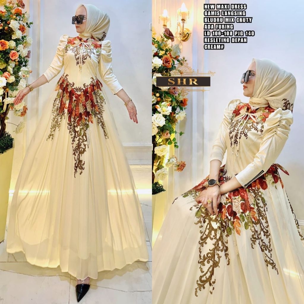 Ready New Maxi Dress Gamis sultan Shr Ori  bludru Mix Cruty Bunga Terbaru