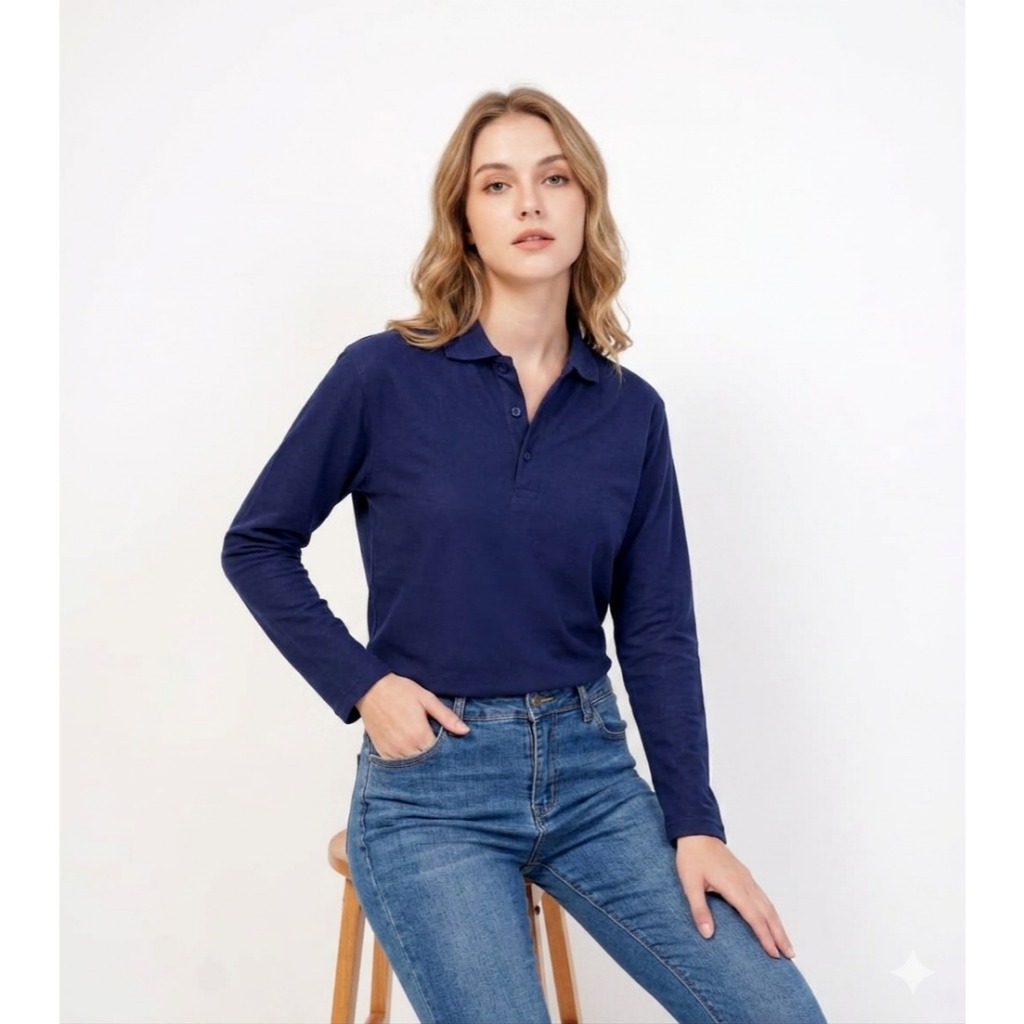 Kaos Kerah perempuan Biru NAVY Lengan panjang / polo panjang wanita / polo hijab / KAOS KERAH CEWEK 