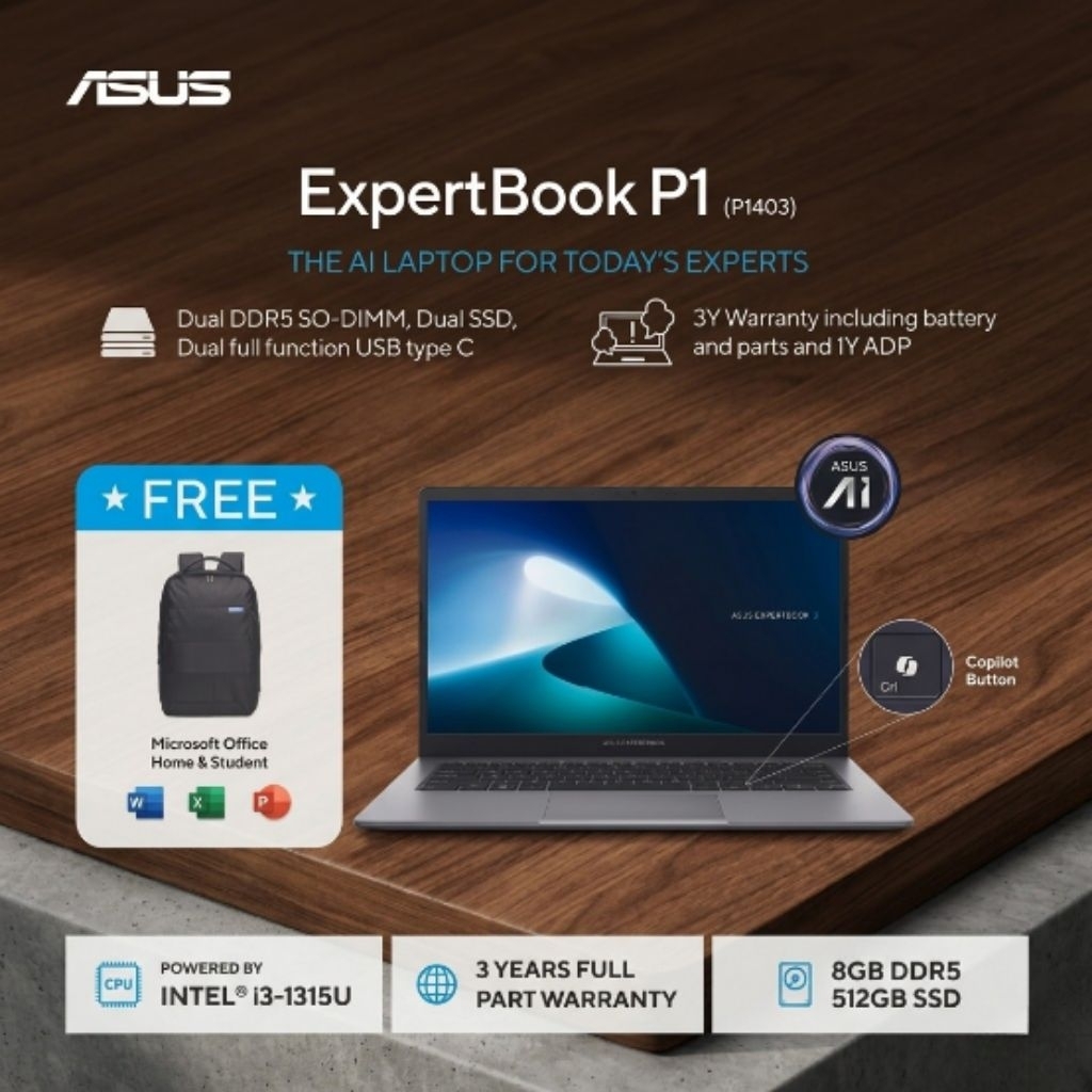 Laptop ASUS ExpertBook P1403CVA-S63850WS core i3 1315u ram 8gb ssd 512gb windows 11 ohs