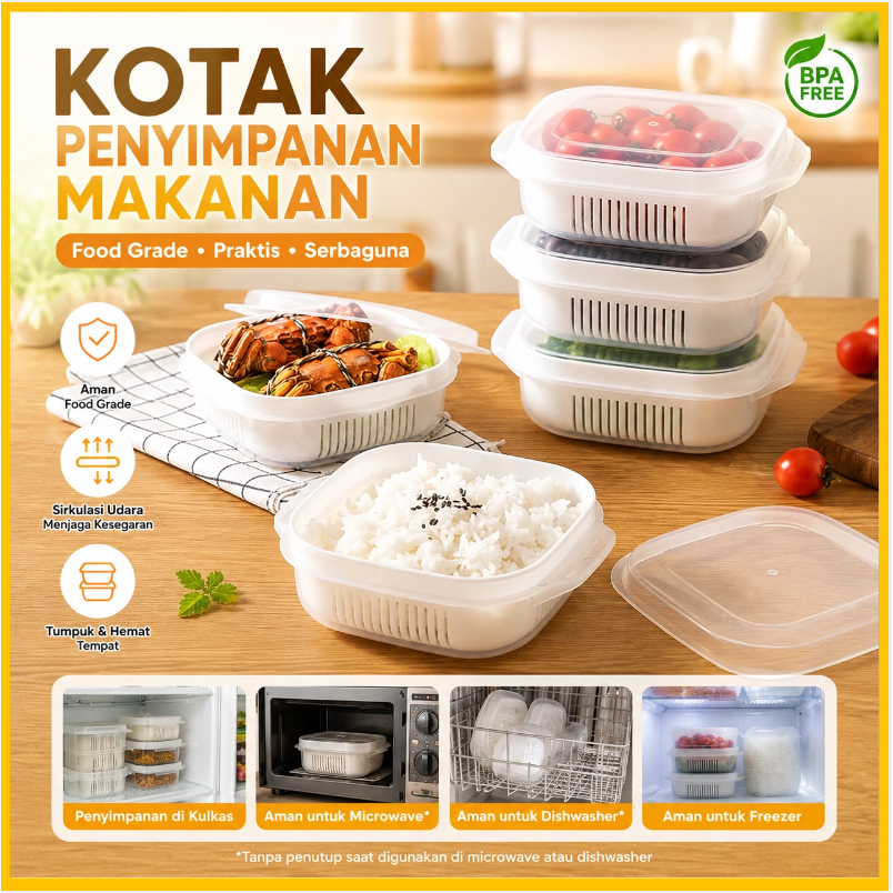 Kotak Penyimpanan Sayur Buah Fresh Box dengan Saringan Peniris dan Tutup