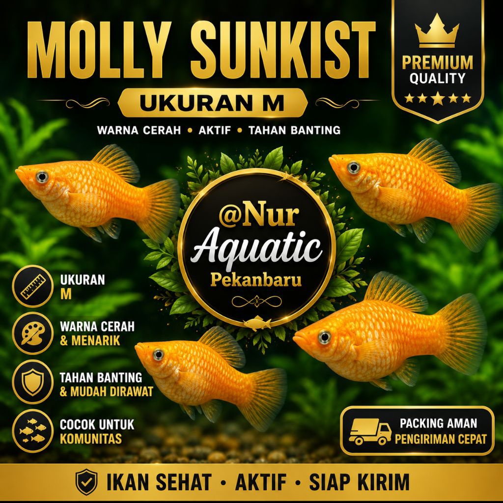 ikan hias jenis Molly balon Sunkist / full orange ukuran M