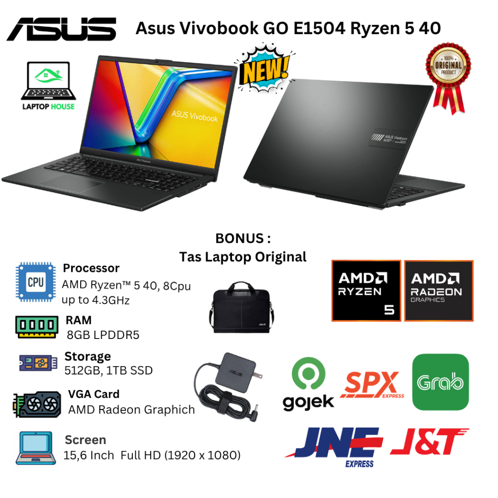 Laptop Baru ASUS Vivobook Go 15 E1504 AMD Ryzen 5 40 8Cpu Upto 4,3Ghz