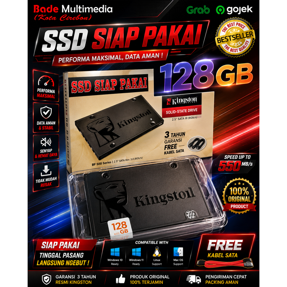 SSD ISI WIND-OWS 10 KINGSTON 128GB 256GB 512GB SIAP PAKAI ORIGINAL FREE KABEL SATA PC