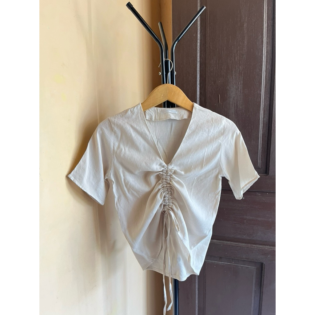 blouse serut putih keabuan korean style baju atasan top wanita murah cantik