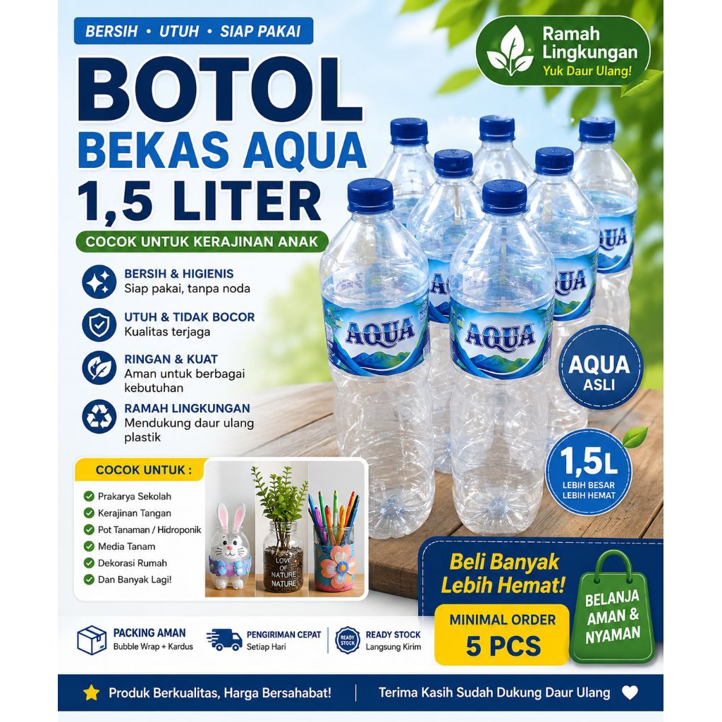 Botol Bekas AQUA 1,5 Liter Bersih Utuh Untuk Prakarya & Hidroponik